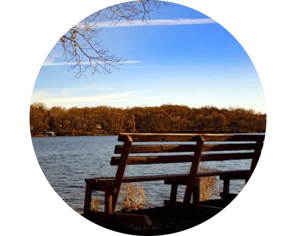 Pompton Lakes Circle Bench at edge of lake in Pompton Lakes